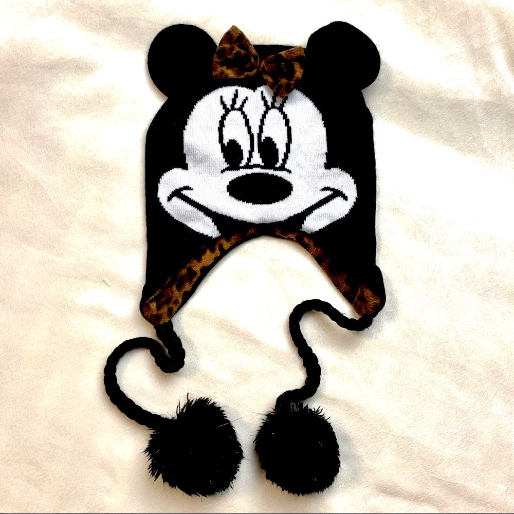 Walt Disney Mini Mouse Face with ears black white & Leopard print fleece Beanie - Picture 1 of 16